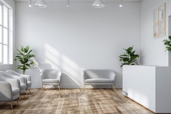 doctor's office waiting room with a white wall, some soft gray chairs, oak flooring